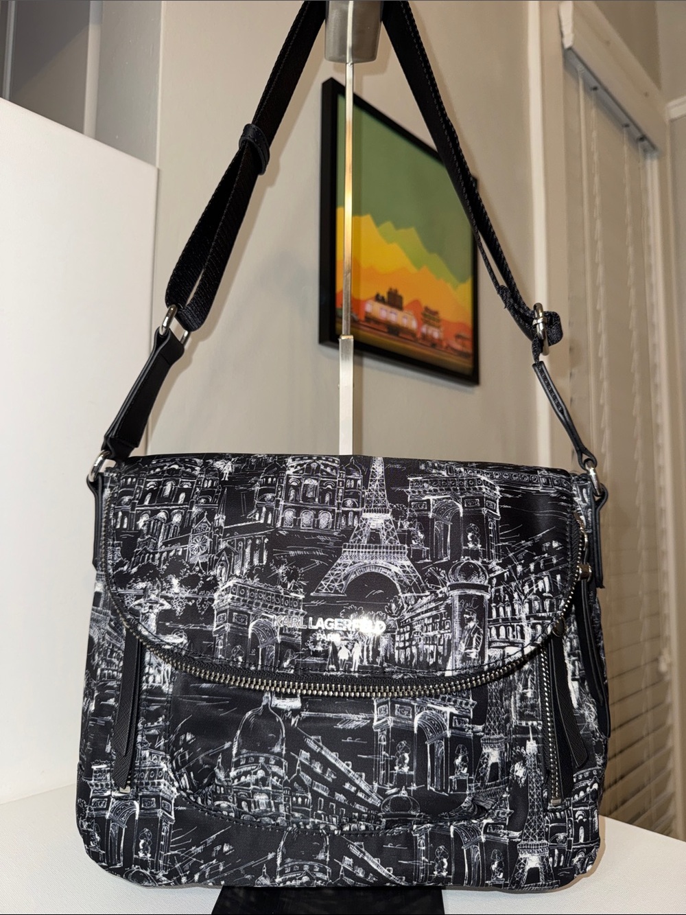 Karl Lagerfeld Paris Cara Flap Messenger Crossbody Bag Skyline Print - Picture 2 of 10